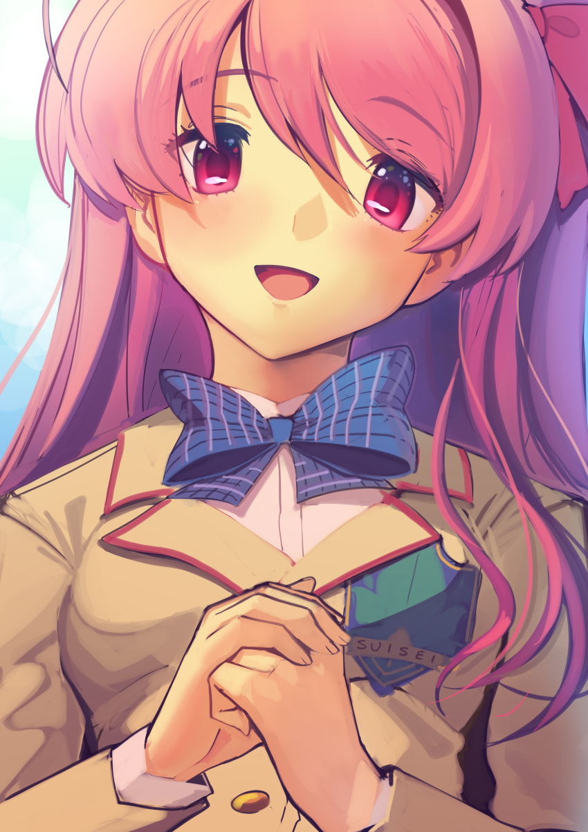 1girl :d absurdres blue_bow blue_neckwear boa_(brianoa) bow bowtie chaos;head emblem hair_bow head_tilt highres jacket looking_at_viewer open_mouth own_hands_together pink_eyes pink_hair red_bow sakihata_rimi school_uniform shirt smile solo upper_body white_shirt yellow_jacket