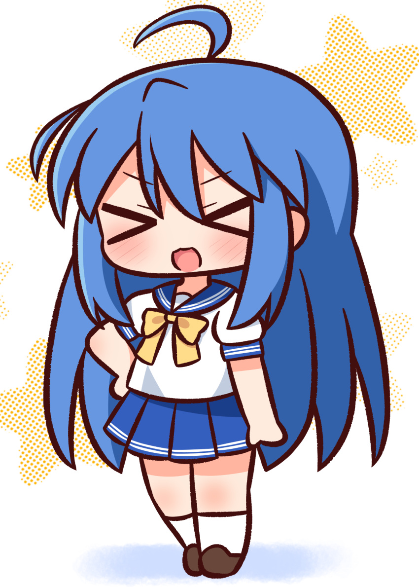 &gt;_&lt; 1girl :d ahoge bangs blue_hair blue_sailor_collar blue_skirt blush brown_footwear chibi closed_eyes eyebrows_visible_through_hair facing_viewer full_body hair_between_eyes hana_kazari highres izumi_konata lucky_star open_mouth pleated_skirt puffy_short_sleeves puffy_sleeves sailor_collar school_uniform serafuku shadow shirt shoes short_sleeves skirt smile socks solo standing starry_background white_background white_legwear white_shirt xd