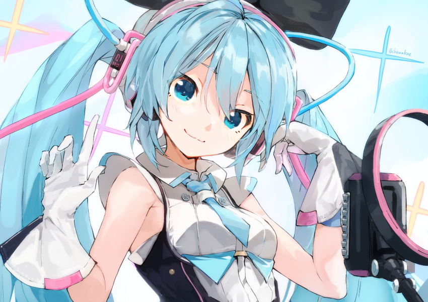 1girl bangs blue_eyes blue_hair blue_neckwear blush breasts chamu_(chammkue) closed_mouth collared_shirt commentary_request eyebrows_visible_through_hair gloves hair_between_eyes hands_up hatsune_miku head_tilt highres long_hair looking_at_viewer microphone necktie shirt short_necktie sleeveless sleeveless_shirt small_breasts smile solo twintails upper_body vocaloid white_gloves white_shirt