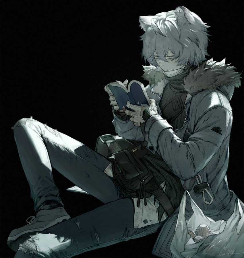 1boy animal_ear_fluff animal_ears arknights bag bandaid bandaid_on_hand bangs black_background black_sweater book cinkai closed_mouth denim grey_hair hair_between_eyes highres holding holding_book jacket jaye_(arknights) jeans long_sleeves male_focus mask mouth_mask pants reading ribbed_sweater shoes shopping_bag signature simple_background sitting sneakers solo sweater torn_clothes turtleneck turtleneck_sweater