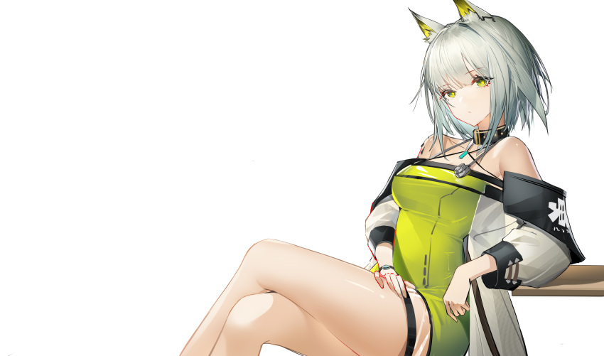 1girl absurdres animal_ear_fluff animal_ears arknights bangs bare_shoulders breasts cat_ears closed_mouth cowboy_shot crossed_arms crossed_legs dress eyebrows_visible_through_hair gkd111 green_dress green_eyes halter_dress halterneck hand_on_own_thigh highres kal'tsit_(arknights) light_green_hair long_sleeves looking_at_viewer medium_breasts simple_background sitting watch white_background