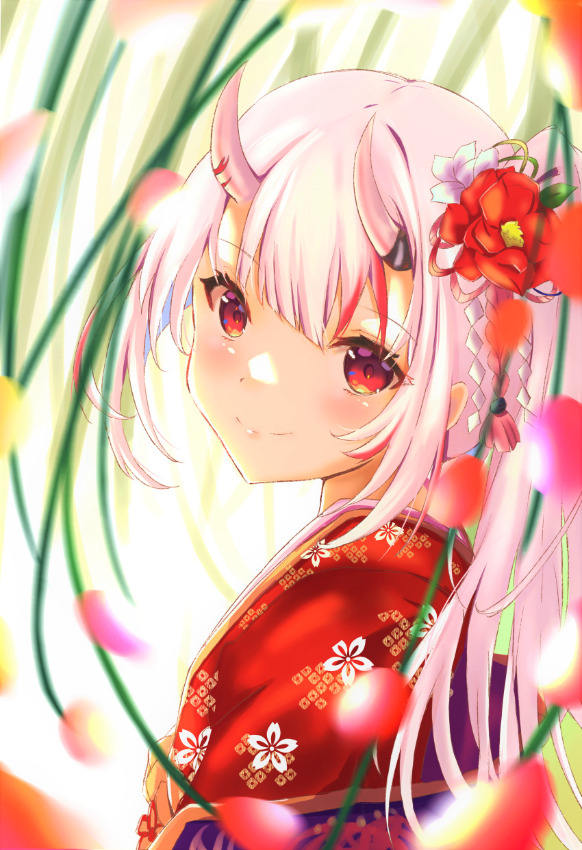 1girl absurdres blush closed_mouth flower from_side gradient_hair hair_flower hair_ornament highres hololive horns huge_filesize japanese_clothes kanzashi kimono long_hair looking_at_viewer mihanada_kasumi multicolored_hair nakiri_ayame oni oni_horns print_kimono red_eyes red_kimono redhead side_ponytail smile solo streaked_hair upper_body virtual_youtuber white_hair