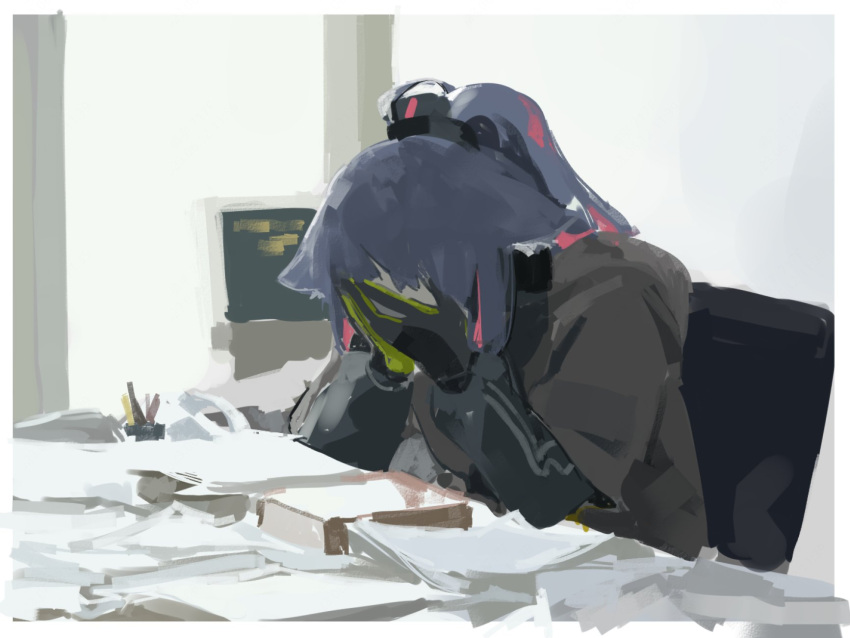 1girl animal_ears arknights black_gloves black_shirt blue_hair book cat_ears cat_girl commentary covering_face desk english_commentary facepalm gloves green_gloves hands_on_own_face highres jessica_(arknights) leaning_forward long_hair long_sleeves messy monitor multicolored_hair painterly paper pen_holder ponytail redhead shinnasuka025 shirt sitting solo streaked_hair upper_body