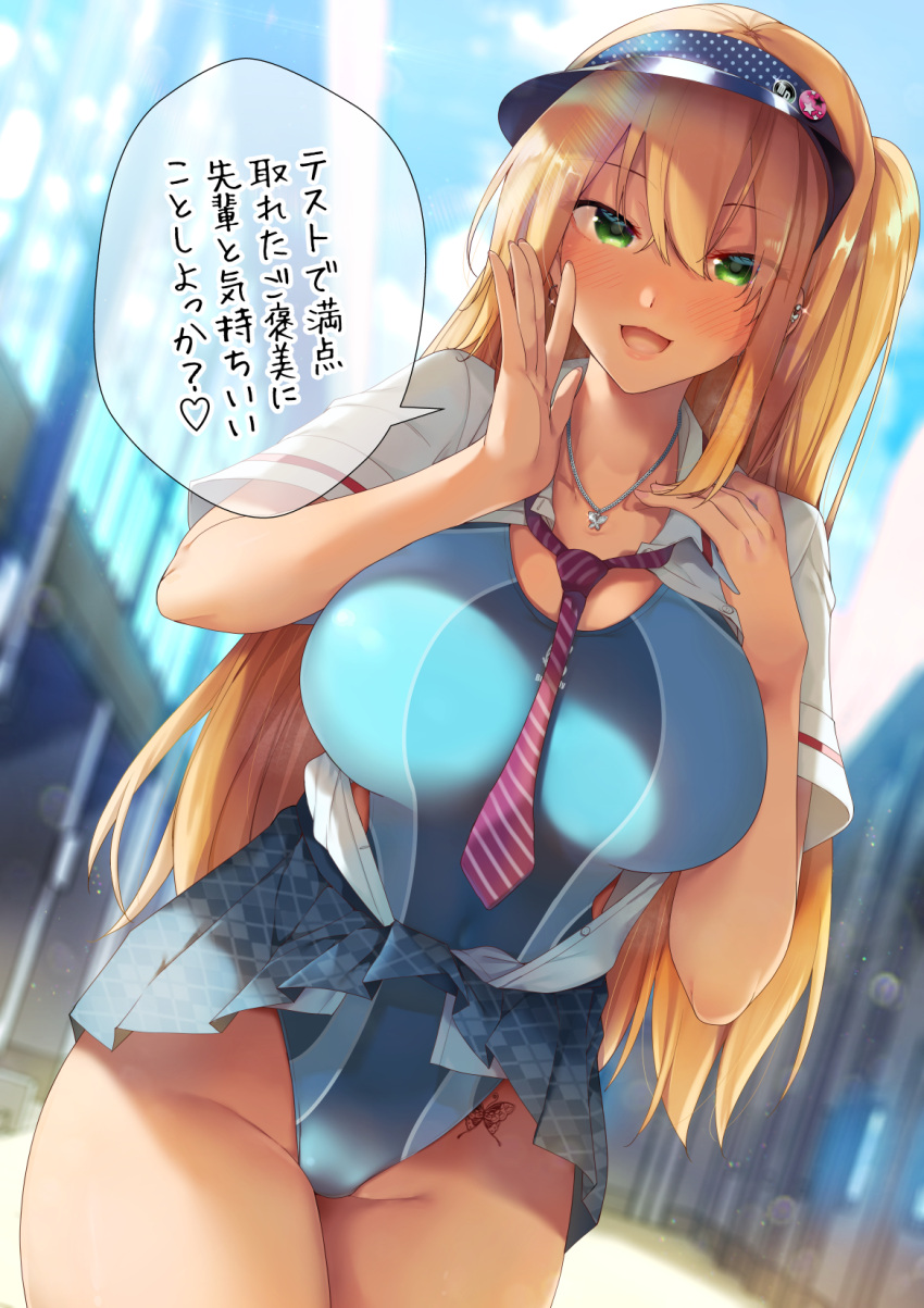 1girl bangs blonde_hair blush breast_tattoo breasts collared_shirt commentary_request curvy earrings green_eyes highres jewelry large_breasts long_hair loose_necktie miniskirt necklace necktie one-piece_swimsuit one_side_up open_clothes open_mouth open_shirt original red_neckwear ryouma_(galley) school_uniform shirt shirt_tucked_in short_sleeves skirt skirt_lift striped striped_neckwear swimsuit tan tattoo thighs translation_request visor_cap white_shirt