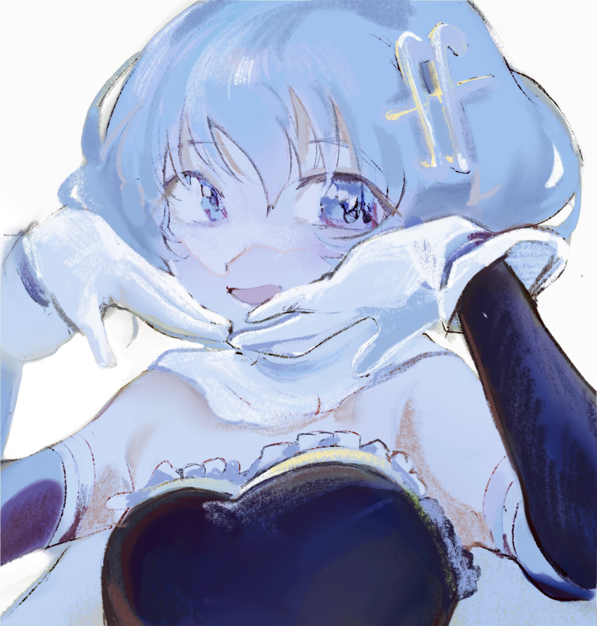 1girl blue_eyes blue_hair blue_sleeves cape commentary curly_hair eyebrows_visible_through_hair gloves hands_on_own_face hands_up highres looking_at_viewer mahou_shoujo_madoka_magica medium_hair mi_yoshifu miki_sayaka sleeveless white_cape white_gloves