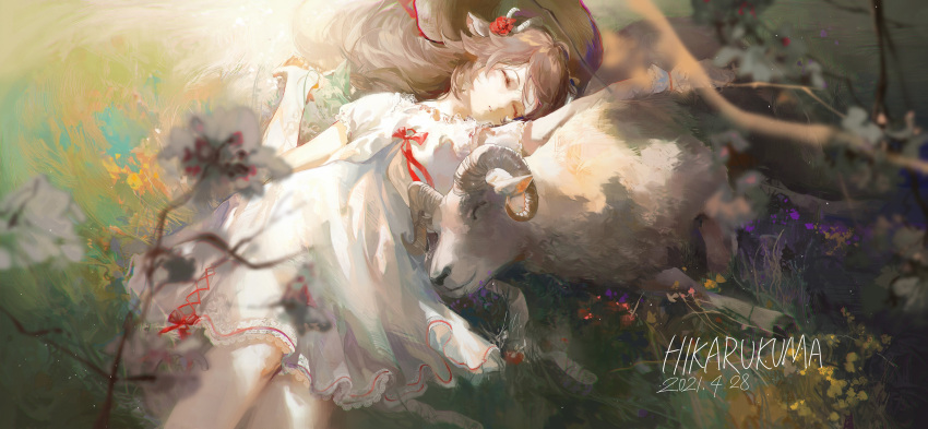 1girl absurdres animal animal_ears arknights arm_up brown_hair brown_headwear closed_eyes dated daylightallure dress eyjafjalla_(arknights) feet_out_of_frame flower goat goat_ears goat_horns hair_flower hair_ornament hat headwear_removed highres horns long_hair lying on_back on_grass on_ground parted_lips red_flower red_rose rose short_sleeves signature sleeping solo white_dress white_flower