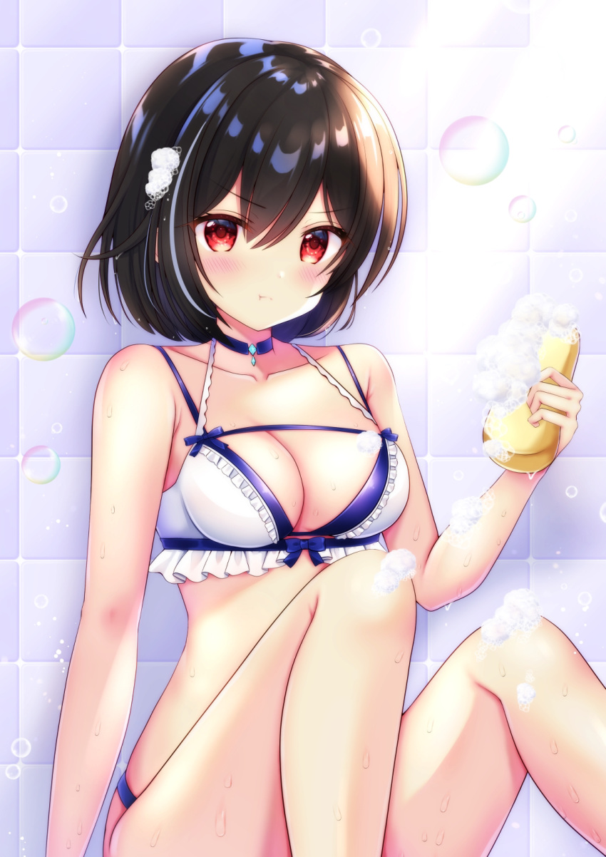 1girl :t bathroom black_hair breasts character_request highres indoors king's_raid knees_up looking_at_viewer medium_breasts miwa_uni red_eyes short_hair sitting soap_bubbles solo tile_wall tiles underwear underwear_only