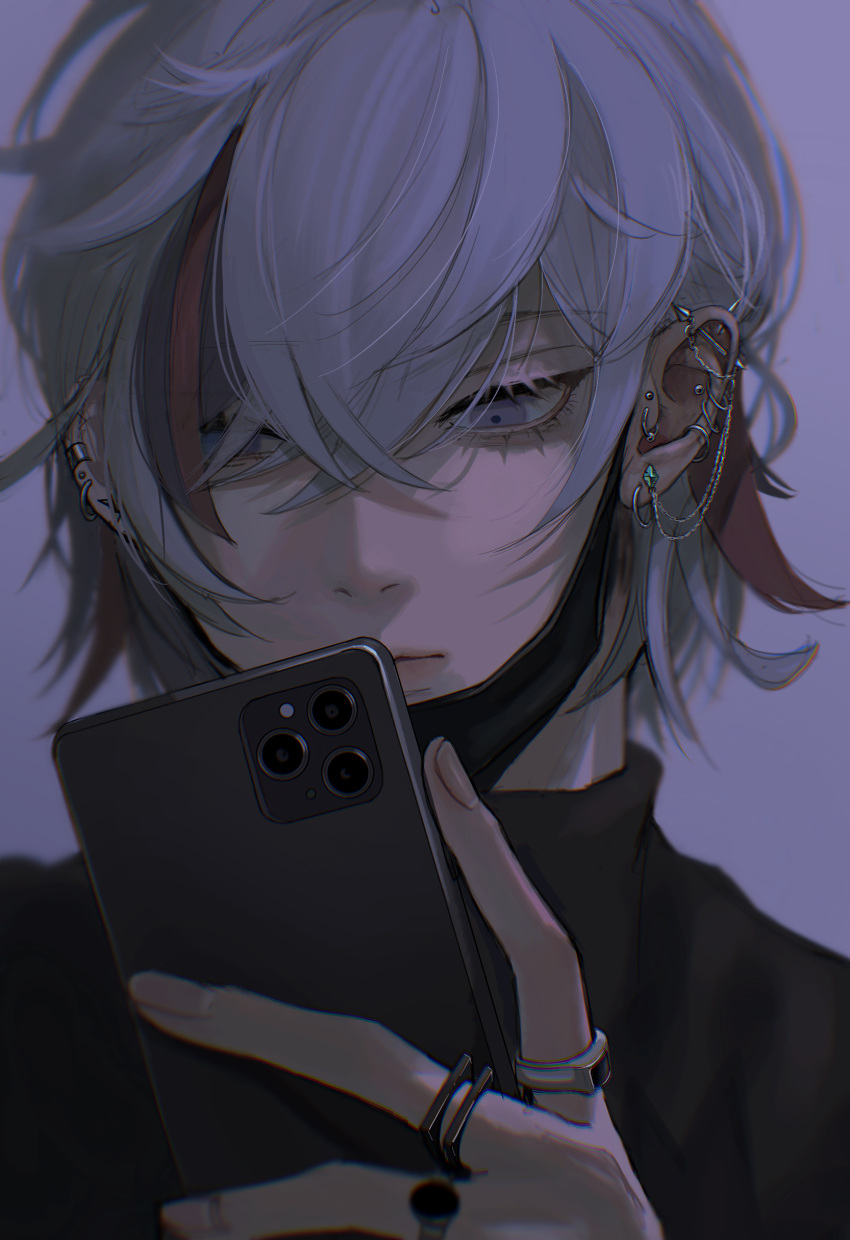 1boy absurdres black_sweater blurry cellphone chromatic_aberration closed_mouth ear_piercing earrings eyebrows_visible_through_hair eyelashes facing_viewer fuwa_minato grey_background hair_between_eyes hair_over_eyes highres holding holding_phone jewelry kan_no_juusu looking_at_object looking_at_phone looking_down mask mismatched_earrings mouth_mask multicolored_hair muted_color nijisanji phone piercing pink_hair purple_hair ring silver_hair simple_background smartphone spikes sweater turtleneck turtleneck_sweater upper_body violet_eyes virtual_youtuber