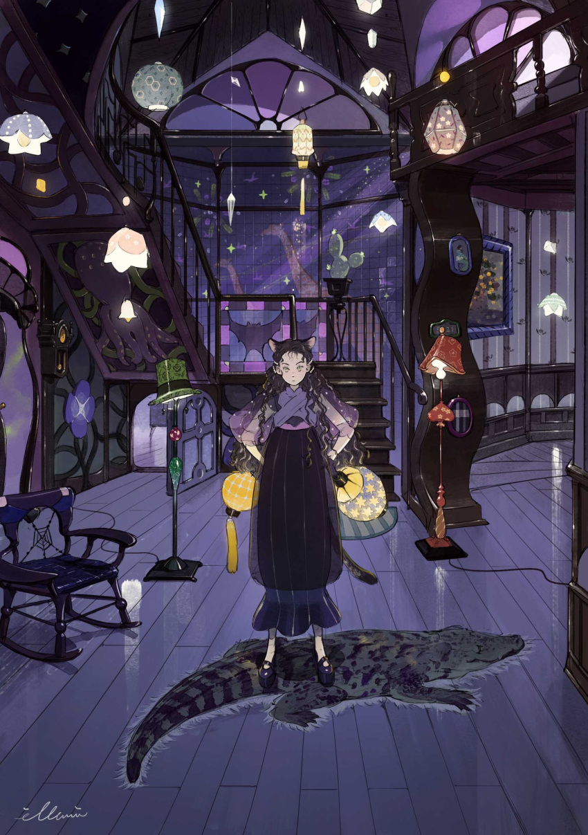 1girl animal_ears artist_name black_dress black_footwear brown_eyes brown_hair carpet cat_ears cat_tail ceiling chair clock closed_mouth crocodile crocodilian curly_hair dress flower giraffe hair_ornament hand_on_hip hat highres holding holding_lantern illumi999 lamp lantern long_hair looking_at_viewer oil_lamp original painting_(object) photo_(object) short_sleeves signature solo stairs standing star_(symbol) tail wall white_legwear wooden_chair wooden_floor