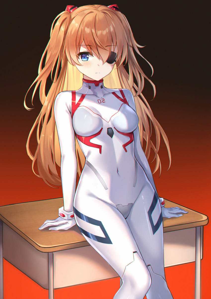 1girl bangs blue_eyes blush bodysuit breasts closed_mouth collarbone covered_navel desk eric_(tianqijiang) evangelion:_3.0+1.0_thrice_upon_a_time eyebrows_visible_through_hair eyepatch feet_out_of_frame gloves gradient gradient_background hair_ornament highres long_hair looking_at_viewer medium_breasts neon_genesis_evangelion number on_table one_eye_covered orange_hair plugsuit rebuild_of_evangelion red_background school_desk shikinami_asuka_langley sitting skin_tight solo souryuu_asuka_langley table two_side_up very_long_hair white_bodysuit white_gloves