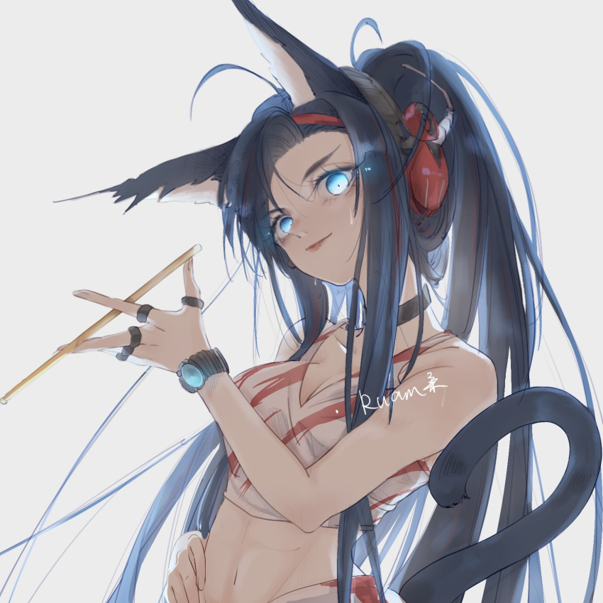 1girl animal_ears arknights bare_arms bare_shoulders black_choker black_hair blaze_(arknights) blaze_(burst_feline)_(arknights) blue_eyes breasts cat_ears cat_tail chinese_commentary choker commentary_request crop_top drumsticks forehead grey_background hand_up head_tilt headphones highres holding long_hair looking_at_viewer medium_breasts midriff navel ruam_sang simple_background solo stomach tail tank_top very_long_hair watch watch white_tank_top