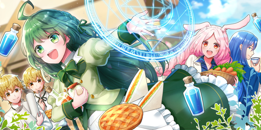 2girls 3boys :d ahoge animal_ears basket blonde_hair blue_eyes blue_hair blurry blurry_background bow braid brown_eyes carrot cup day eating food fork green_bow green_hair hair_ribbon highres holding long_hair long_sleeves looking_at_viewer magic magic_circle multiple_boys multiple_girls nanaki_tsubasa open_mouth outdoors pie pink_hair potion promotional_art puffy_long_sleeves puffy_sleeves rabbit_ears red_eyes ribbon sandwich smile teacup