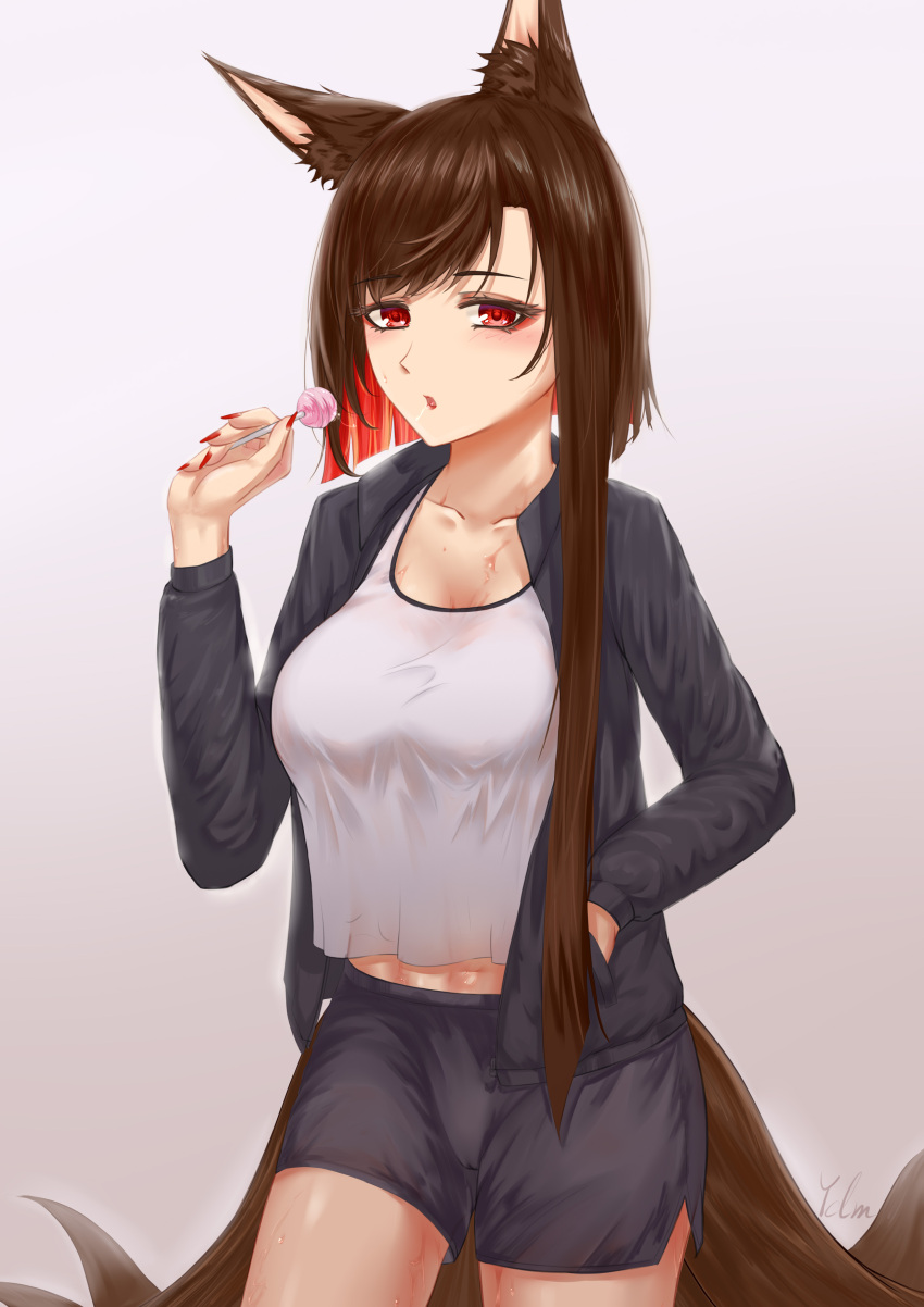 1girl absurdres akagi_(azur_lane) alternate_costume alternate_hairstyle animal_ears azur_lane bangs black_hair breasts candy casual chinese_commentary collarbone commentary_request contemporary eyebrows_visible_through_hair eyes_visible_through_hair eyeshadow food fox_ears fox_girl fox_tail gradient gradient_background grey_background hand_in_pocket highres holding holding_candy holding_food holding_lollipop ichikushi_mojibake jersey kyuubi large_breasts lollipop looking_at_viewer makeup multicolored_hair multiple_tails parted_lips red_eyes revision saliva saliva_trail short_hair short_hair_with_long_locks shorts sidelocks signature simple_background solo sweat tail two-tone_hair