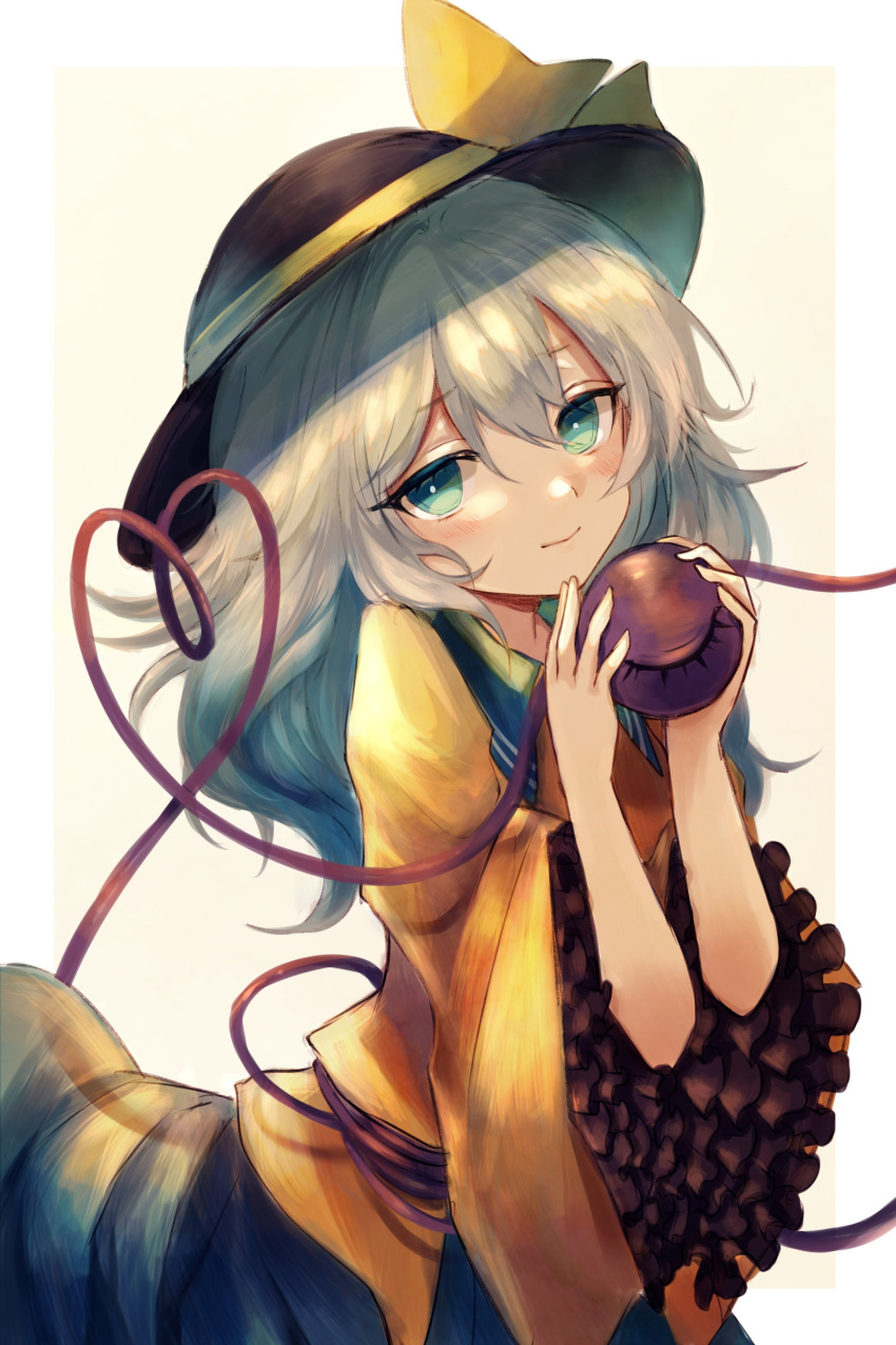 1girl absurdres bangs black_headwear blouse bow bright_pupils closed_mouth eyeball eyebrows_visible_through_hair frills green_eyes green_skirt hair_between_eyes hands_up hat hat_bow heart heart_of_string highres komeiji_koishi light_green_hair light_smile long_hair looking_at_viewer maho_moco simple_background skirt solo third_eye touhou upper_body white_background white_pupils wide_sleeves yellow_blouse yellow_bow