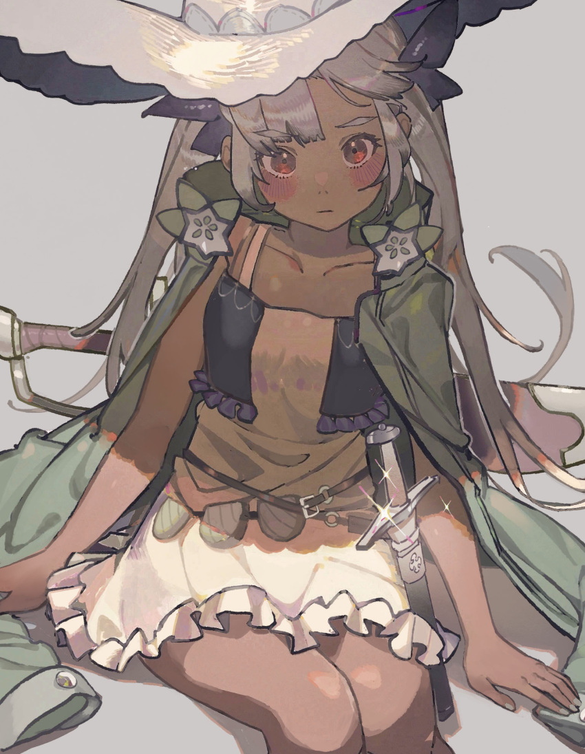 1girl bare_arms belt blush cloak collarbone dagger dark_skin dark-skinned_female dress feet_out_of_frame frilled_dress frills green_cloak grey_background hair_ribbon hands_on_ground hat highres holstered_weapon long_hair looking_at_viewer noco_(pixiv14976070) orange_eyes original purple_ribbon ribbon serious shadow silver_hair simple_background sitting sleeveless sleeveless_dress solo sparkle sword twintails weapon white_dress white_headwear white_nails witch_hat