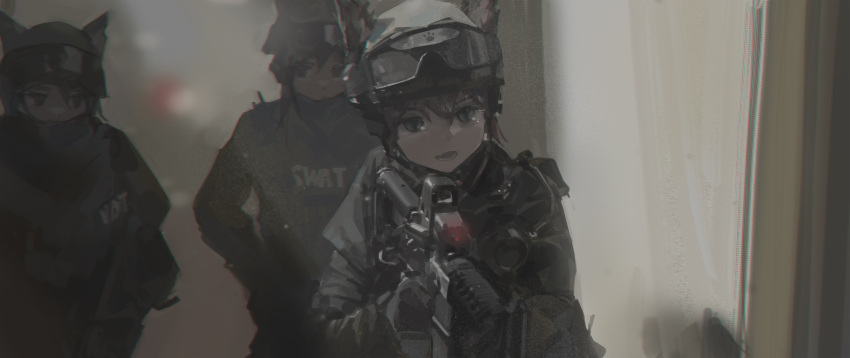 3others absurdres animal_ears assault_rifle brown_hair cat_ears commentary_request fang gloves goggles goggles_on_headwear gun hair_between_eyes helmet highres multiple_others open_mouth original police rifle skin_fang swat tactical_clothes uniform upper_body weapon zygocactus