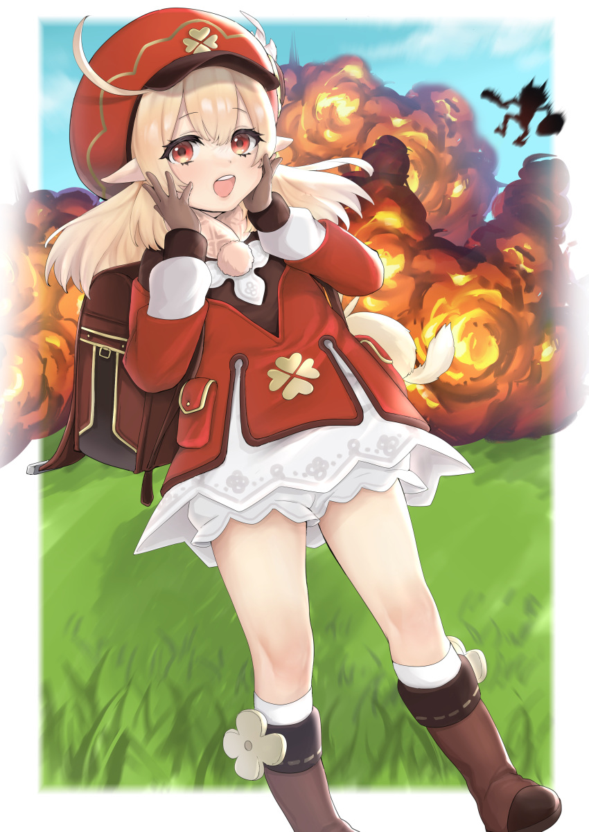 1girl :d absurdres ahoge alternate_hairstyle backpack bag bangs bloomers boots brown_footwear brown_gloves coat commentary_request explosion eyebrows_visible_through_hair fire genshin_impact gloves hair_down hands_on_own_cheeks hands_on_own_face hat hat_ornament highres hilichurl_(genshin_impact) klee_(genshin_impact) knee_boots light_brown_hair long_hair long_sleeves looking_at_viewer maruta_(pixiv55344433) open_mouth pointy_ears red_coat red_eyes scarf sidelocks smile underwear
