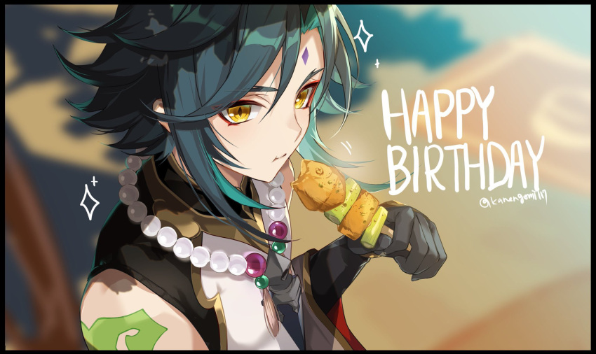 1boy :t aqua_hair arm_tattoo bangs bead_necklace beads birthday black_border black_gloves border closed_mouth eating facial_mark food forehead_mark genshin_impact gloves green_hair happy_birthday highres holding jewelry kanengomi male_focus multicolored_hair necklace skewer sleeveless solo sparkle tattoo upper_body xiao_(genshin_impact) yellow_eyes