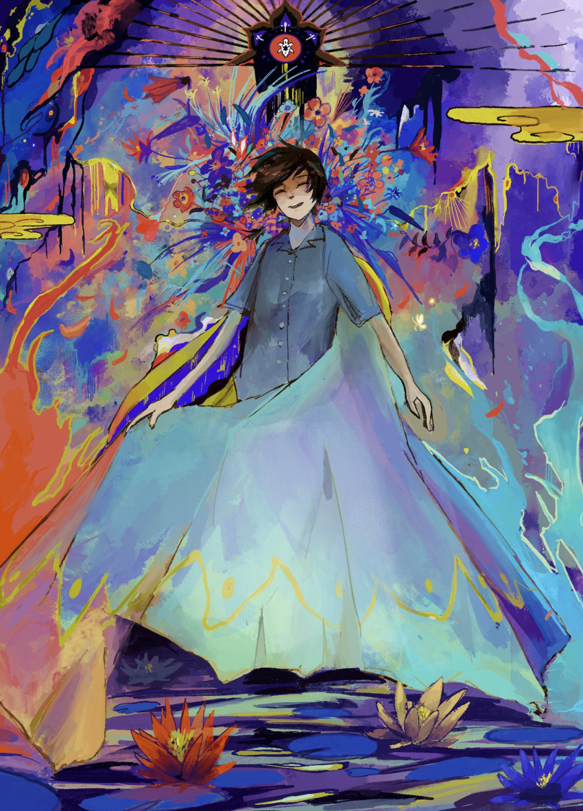 1boy abstract black_hair blue_flower blue_shirt closed_eyes clouds cocontma collared_shirt flower full_body highres leaf open_mouth original plant red_flower shirt short_hair short_sleeves smile solo standing yellow_flower
