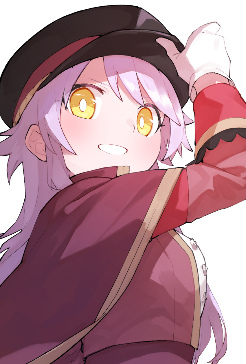 1girl arm_up bangs black_headwear breasts bright_pupils buttons cape from_below gloves goe_(g-o-e) grin hand_on_headwear hat high_collar highres jacket light_purple_hair long_hair long_sleeves looking_at_viewer looking_down medium_breasts official_alternate_costume otonashi_ichie peaked_cap red_cape red_headwear red_jacket short_hair shoujo_kageki_revue_starlight shoujo_kageki_revue_starlight_-re_live- simple_background sleeve_cuffs smile solo two-tone_headwear upper_body white_background white_gloves white_pupils yellow_eyes