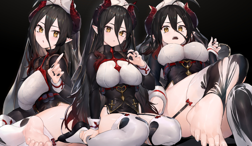 1girl absurdres barefoot black_background black_hair black_nails blush breasts garter_straps hair_between_eyes hat highres horns long_hair looking_at_viewer neonbeat open_mouth original pointy_ears simple_background sitting teeth thigh-highs torn_clothes torn_legwear wariza white_legwear