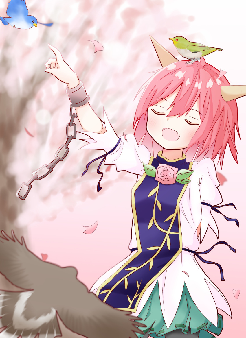 1girl :d absurdres animal_on_head arm_behind_back bird bird_on_head blouse blurry blurry_background chinese_clothes closed_eyes cowboy_shot cuffs fang flower green_skirt highres horns ibaraki_douji's_arm ibaraki_kasen index_finger_raised karuthi leaf on_head open_mouth petals pink_flower pink_hair pink_rose rose shackles short_hair short_sleeves skin_fang skirt smile standing tabard touhou tree white_blouse
