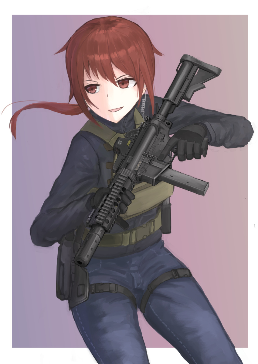 1girl absurdres assault_rifle border bulletproof_vest d-sawa613 denim gloves gun highres holding holding_gun holding_weapon holster jeans long_sleeves looking_to_the_side m16 original pants ponytail red_eyes redhead rifle short_hair smile solo submachine_gun tactical_clothes thigh_strap trigger_discipline weapon white_border