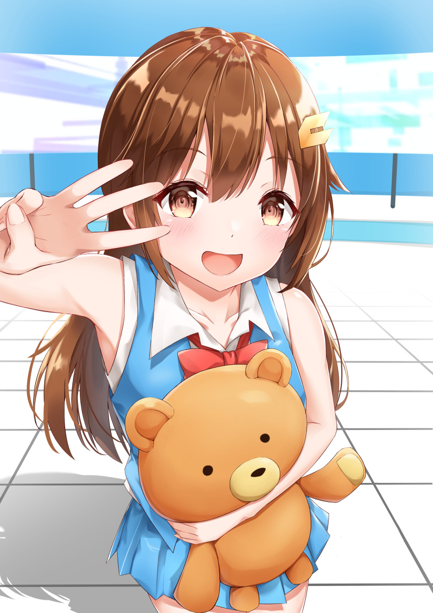 1girl :d absurdres ankimo_(tokino_sora) bangs bare_arms bare_shoulders blue_skirt blue_vest blush brown_eyes brown_hair carrying collared_shirt cowboy_shot hair_flaps hair_ornament hairclip highres hololive hozuka long_hair looking_at_viewer miniskirt neck_ribbon open_mouth pleated_skirt red_neckwear ribbon shirt skirt sleeveless sleeveless_shirt smile solo stuffed_animal stuffed_toy teddy_bear tokino_sora vest virtual_youtuber white_shirt