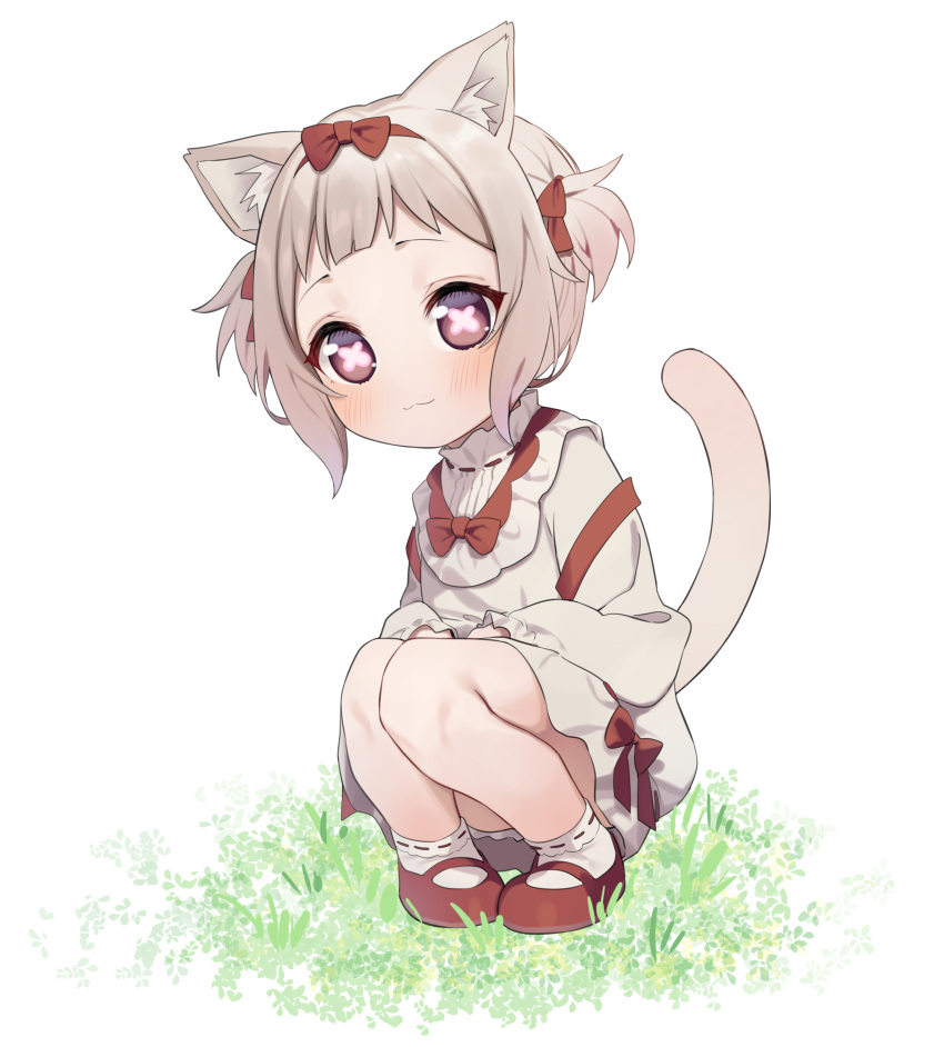 1girl :3 absurdres amai_hiyo amai_hiyo_channel animal_ear_fluff animal_ears bangs blush bow brown_eyes cat_ears cat_girl cat_tail closed_mouth commentary_request dress flower-shaped_pupils full_body grey_hair hair_bow highres long_sleeves looking_at_viewer red_bow red_footwear ribbon-trimmed_legwear ribbon_trim shoes short_twintails smile socks solo squatting syhan tail tail_raised twintails virtual_youtuber white_background white_dress white_legwear