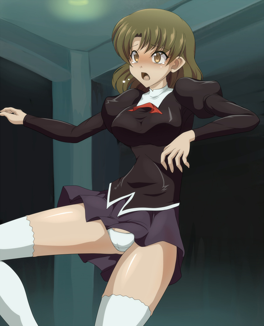 1girl absurdres agent_aika aika_(series) black_delmo black_jacket black_skirt blonde_hair blush breasts brown_eyes clam_curry cravat crotch_seam delmogeny_uniform hands_up highres indoors jacket juliet_sleeves long_sleeves medium_breasts misaki_(agent_aika) nose_blush open_mouth panties pantyshot pleated_skirt puffy_sleeves red_neckwear short_hair skirt solo thigh-highs thighs underwear uniform white_legwear white_panties wind wind_lift