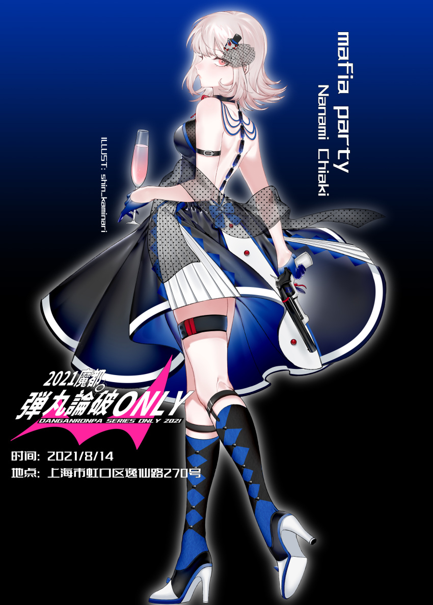 1girl 2021 absurdres alcohol alternate_costume artist_name bangs bare_shoulders black_background black_choker black_dress black_legwear blue_background blue_bow blue_dress blue_gloves blue_legwear bow bra breasts character_name choker commentary_request dangan_ronpa_(series) dangan_ronpa_2:_goodbye_despair dress english_text from_side full_body glass gloves gradient gradient_background gun high_heels highres holding holding_gun holding_weapon light_brown_hair looking_at_viewer mafia medium_breasts medium_hair nanami_chiaki neck_ribbon polka_dot polka_dot_bow polka_dot_bra polka_dot_legwear red_ribbon ribbon shiny shiny_hair sideways_glance skindentation solo spaceship_hair_ornament thigh_strap translation_request tuteurfars_shin underwear weapon