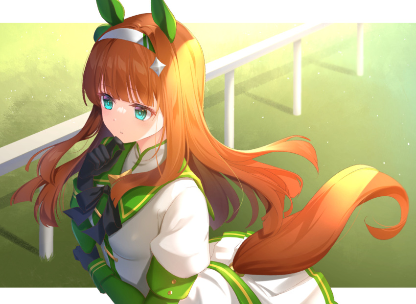 1girl :o animal_ears bangs black_bow black_gloves blue_eyes blush bow brown_hair commentary_request day eyebrows_visible_through_hair gloves hairband hand_up horse_ears horse_girl horse_tail jacket long_hair long_sleeves looking_away parted_lips pleated_skirt puffy_short_sleeves puffy_sleeves railing rukinya_(nyanko_mogumogu) short_over_long_sleeves short_sleeves silence_suzuka_(umamusume) skirt solo tail umamusume very_long_hair white_hairband white_jacket white_skirt