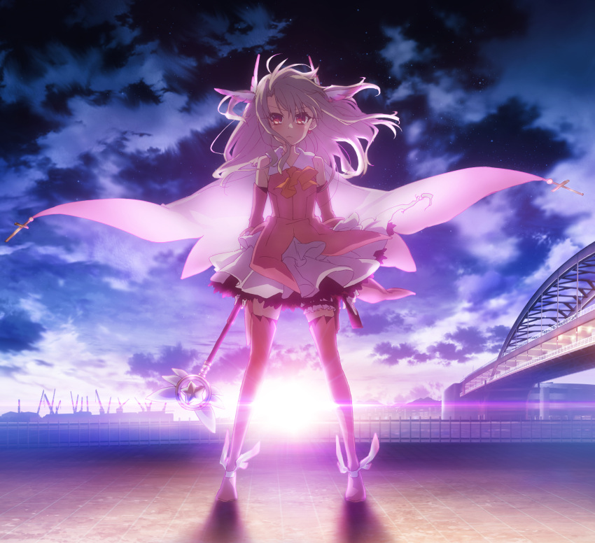 1girl absurdres album_cover backlighting bridge cape city clouds cover crane_(machine) dark_sky dress fate/kaleid_liner_prisma_illya fate_(series) highres illyasviel_von_einzbern looking_at_viewer magical_girl magical_ruby official_art pink_cape pink_dress pink_eyes pink_skirt prisma_illya ribbon skirt solo sunrise text_focus textless thigh-highs white_hair winged_footwear zettai_ryouiki