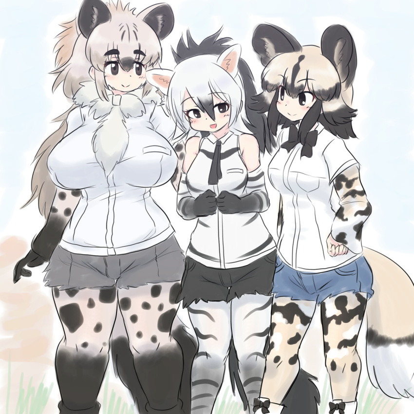 3girls aardwolf_(kemono_friends) aardwolf_ears aardwolf_girl aardwolf_print aardwolf_tail african_wild_dog_(kemono_friends) african_wild_dog_print animal_ears animal_print arm_at_side bangs bare_shoulders black_eyes black_hair blonde_hair bodystocking bow bowtie breast_pocket breasts brown_hair commentary_request curvy cutoffs day dog_ears dog_girl dog_tail extra_ears eyebrows_visible_through_hair feet_out_of_frame grey_hair hair_between_eyes hand_on_hip height_difference high_ponytail highres hyena_ears hyena_girl hyena_tail kemono_friends large_breasts long_hair long_sleeves looking_at_another medium_hair mo23 multicolored_hair multiple_girls necktie outdoors own_hands_together pantyhose pocket shirt short_over_long_sleeves short_shorts short_sleeves shorts side-by-side sidelocks sleeveless sleeveless_shirt smile spotted_hyena_(kemono_friends) standing tail thick_eyebrows thigh_gap very_long_hair white_hair white_shirt