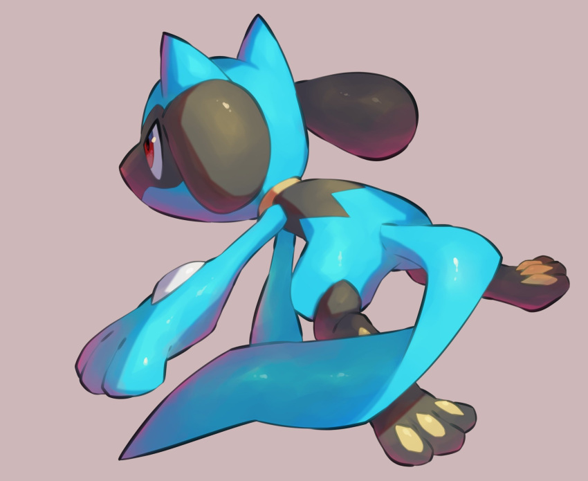 from_behind full_body gen_4_pokemon highres no_humans nullma outstretched_arm pokemon pokemon_(creature) red_eyes riolu shiny simple_background solo toes