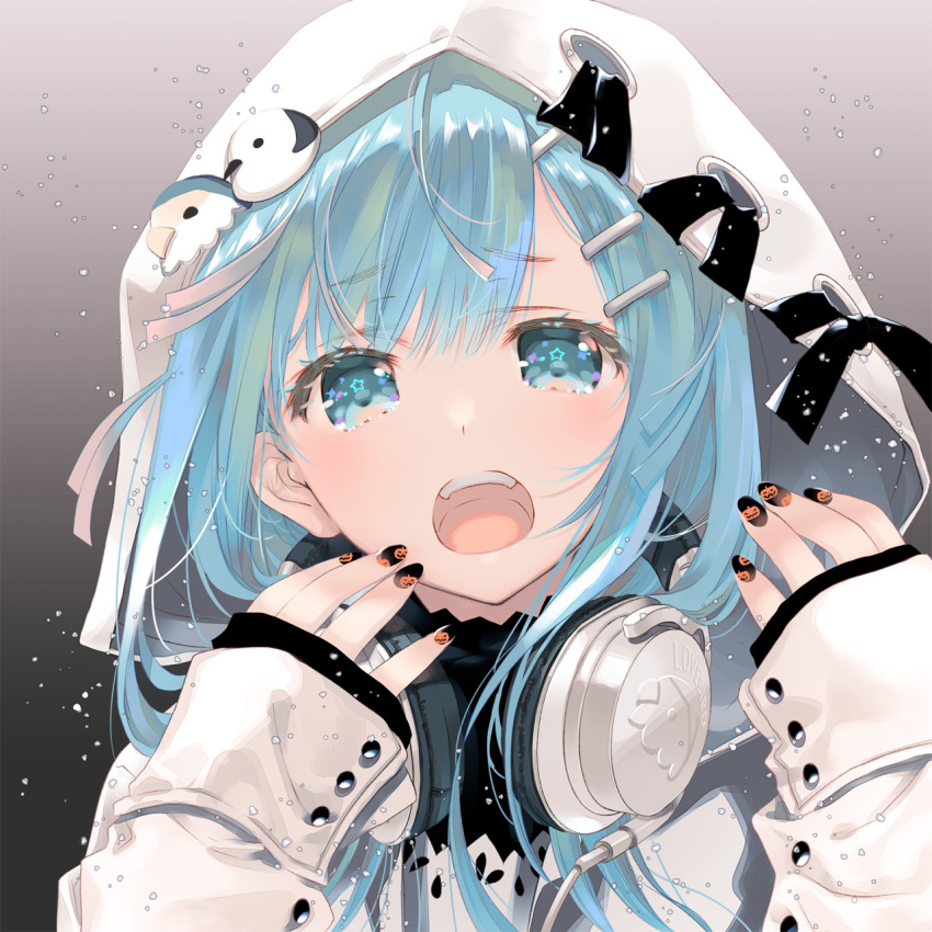 1girl aqua_hair bangs black_nails commentary_request gradient gradient_background grey_background hair_ornament hairclip hands_up headphones highres hood hood_up jack-o'-lantern jack-o'-lantern_print long_hair mitsumi_misato nail_art nail_polish open_mouth original portrait solo