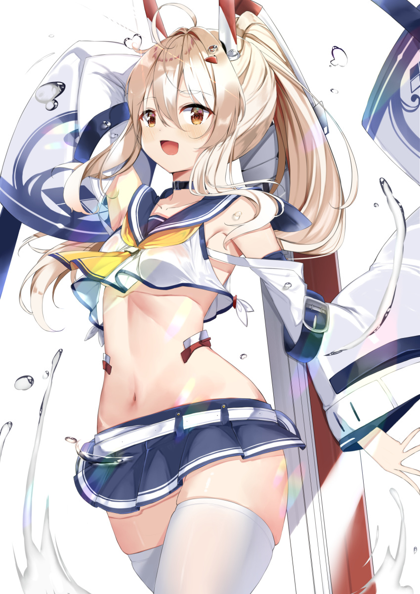 1girl :d ahoge arm_behind_head arm_up armpits ascot ayanami_(azur_lane) azur_lane bangs belt blue_skirt breasts choker commentary_request detached_sleeves eyebrows_visible_through_hair eyes_visible_through_hair hair_between_eyes hair_ornament hairclip headgear highres hino_kagutsuki holding holding_sword holding_weapon long_hair looking_at_viewer midriff navel open_mouth orange_eyes pleated_skirt ponytail retrofit_(azur_lane) school_uniform serafuku sidelocks silver_hair simple_background skirt smile solo sword thigh-highs under_boob walking water_drop weapon white_background white_legwear wide_sleeves zettai_ryouiki