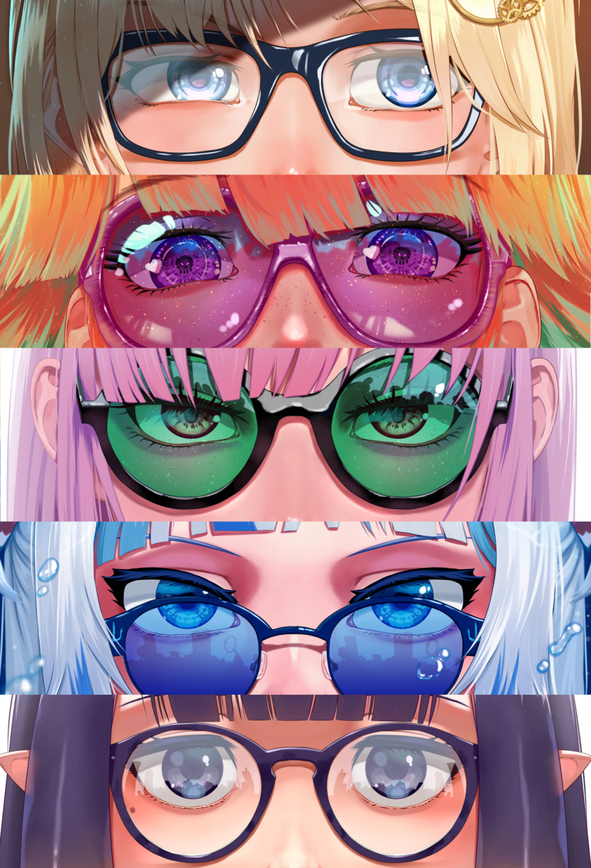 5girls bangs blonde_hair blue-tinted_eyewear blue_eyes blue_hair blunt_bangs eye_focus gawr_gura glasses green-tinted_eyewear hair_ornament highres hololive hololive_english kikino looking_at_viewer monocle_hair_ornament mori_calliope multiple_girls ninomae_ina'nis orange_hair pink-tinted_eyewear pink_hair pointy_ears purple_hair round_eyewear sunglasses takanashi_kiara violet_eyes watson_amelia