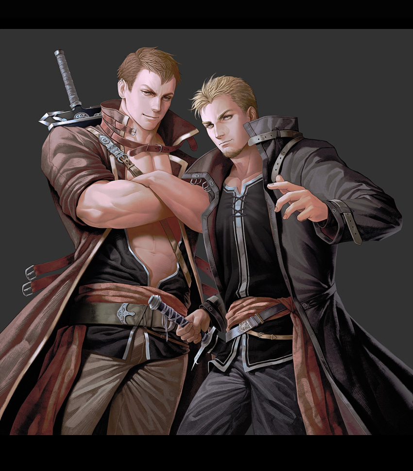 2boys abs bihu_(smallpot88) blonde_hair brothers brown_hair closed_mouth crossed_arms facial_hair fire_emblem fire_emblem:_the_blazing_blade highres linus_(fire_emblem) lloyd_(fire_emblem) looking_at_viewer male_focus multiple_boys muscular muscular_male pectorals siblings sword trench_coat upper_body weapon