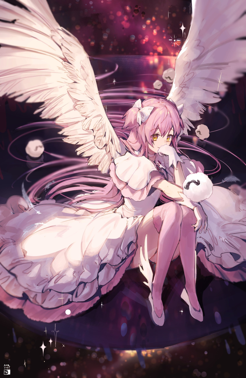 1girl absurdly_long_hair absurdres angel_wings anthony_(madoka_magica) backlighting blurry blurry_background choker clenched_hand closed_mouth commentary dark_background depth_of_field dress english_commentary eyebrows_visible_through_hair eyelashes eyes_visible_through_hair facing_viewer feathered_wings feathers frilled_dress frills from_above full_body gloves goddess_madoka gradient gradient_background hair_between_eyes hair_ribbon hand_on_own_chin hand_on_own_knee head_rest highres kaname_madoka knees_together_feet_apart layered_dress layered_sleeves lens_flare light_particles light_smile long_dress long_hair looking_afar looking_to_the_side mahou_shoujo_madoka_magica pink_background pink_hair pink_legwear pink_theme purple_background purple_theme reflection ribbon shadow shiny shiny_hair shoes sitting solo sparkle straight_hair tareme thigh-highs two_side_up velahka very_long_hair white_choker white_dress white_feathers white_footwear white_gloves white_ribbon white_wings wide_sleeves winged_footwear wings yellow_eyes zettai_ryouiki