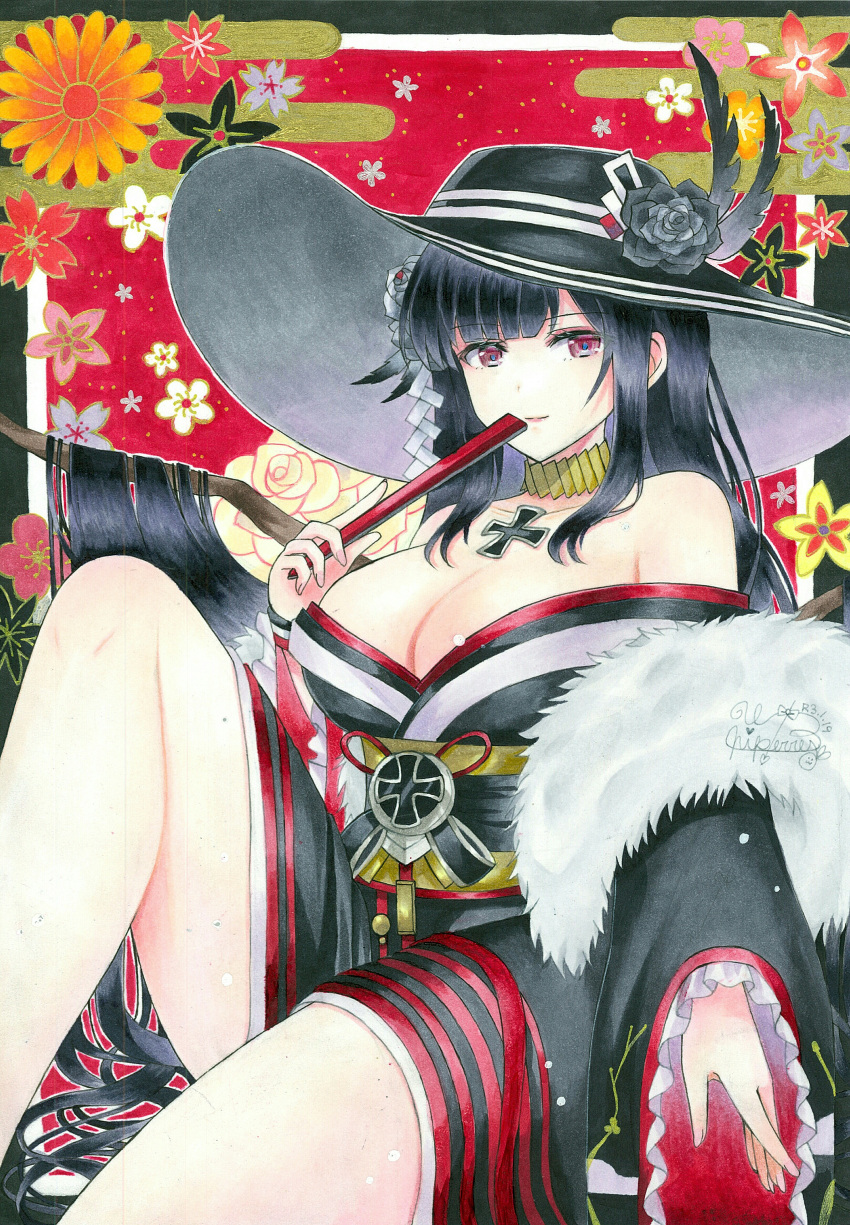 1girl absurdres azur_lane bangs bare_shoulders black_hair black_kimono blunt_bangs breasts brown_eyes choker collarbone commentary_request eyebrows_visible_through_hair fan floral_background folding_fan fur_scarf hair_ornament hat hat_ornament highres holding holding_fan iron_cross japanese_clothes kimono large_breasts long_hair looking_at_viewer obi off-shoulder_kimono off_shoulder parted_lips peter_strasser_(azur_lane) peter_strasser_(chronos's_kalendae)_(azur_lane) sash sidelocks sitting solo traditional_media whipberry wide_sleeves