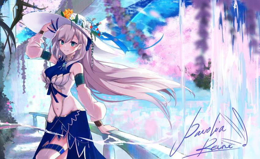 1girl absurdres aqua_eyes character_name detached_sleeves flower furai_sen hand_on_railing hat hat_flower highres holding holding_clothes holding_hat hololive hololive_indonesia navel pavolia_reine silver_hair smile solo upper_body virtual_youtuber