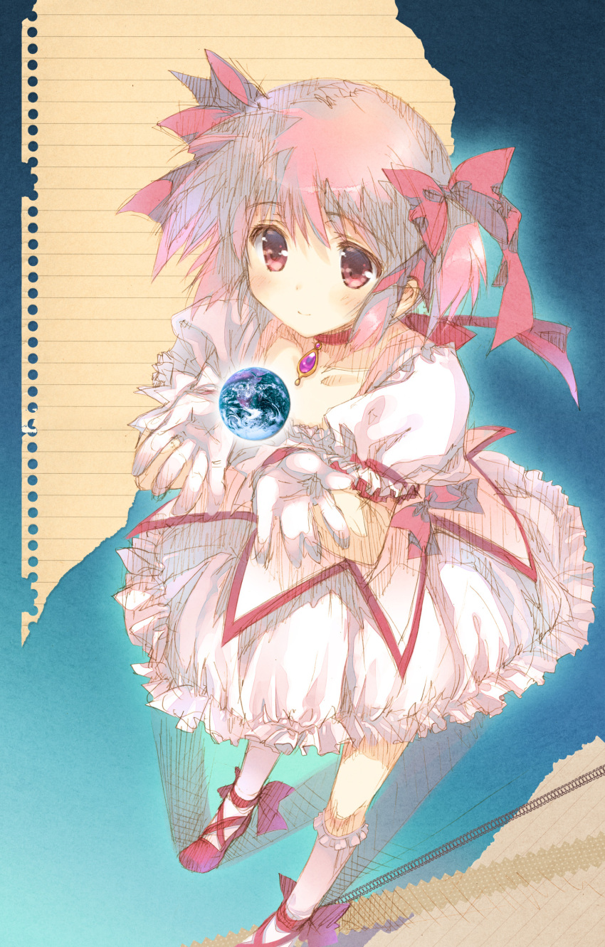 1girl absurdres blush bubble_skirt earth_(planet) eyebrows_visible_through_hair gloves hair_ribbon highres kaname_madoka magical_girl mahou_shoujo_madoka_magica mitsumi_misato pink_hair planet puffy_short_sleeves puffy_sleeves red_eyes red_footwear red_ribbon ribbon shadow short_hair short_sleeves short_twintails skirt smile solo standing twintails white_gloves