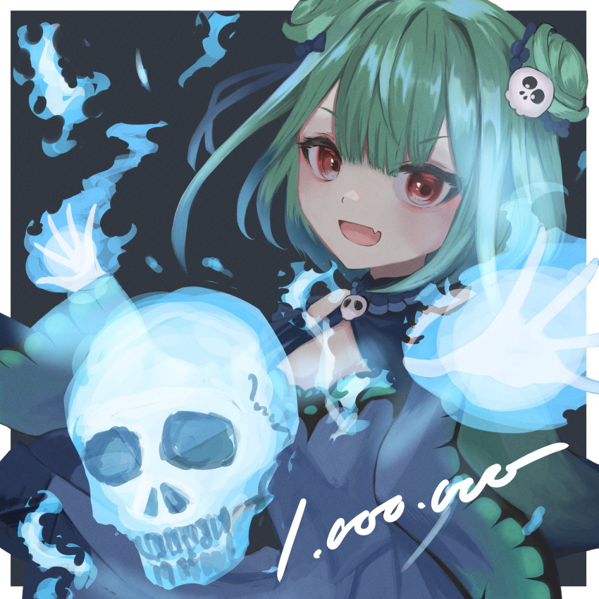 1girl :d bangs blue_dress blue_sleeves brooch detached_collar detached_sleeves double_bun dress fang green_hair hair_ornament hair_ribbon highres hololive irohasu_(iiilohas129) jewelry juliet_sleeves long_sleeves looking_at_viewer magic necromancer open_mouth puffy_sleeves red_eyes ribbon short_hair skin_fang skull skull_hair_ornament smile solo strapless strapless_dress upper_body uruha_rushia v-shaped_eyebrows virtual_youtuber wide_sleeves