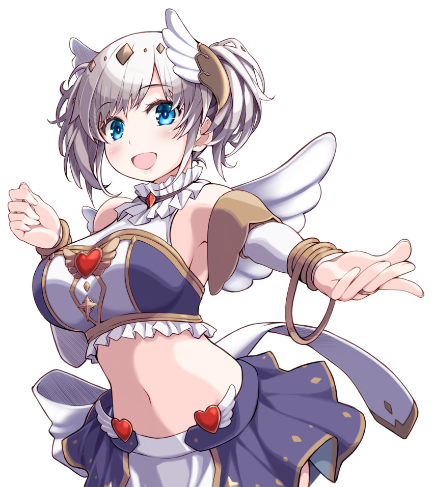 1girl :d akari_(princess_connect!) angel_wings armlet armpits bangs bare_shoulders blue_eyes blush bracelet breasts bridal_gauntlets choker circlet cowboy_shot crop_top detached_collar eyebrows_visible_through_hair hair_between_eyes hand_up highres horns jewelry large_breasts looking_at_viewer midriff navel open_mouth princess_connect! princess_connect!_re:dive purple_choker purple_shirt purple_skirt reaching_out ribucci shirt short_hair sidelocks simple_background skirt sleeveless sleeveless_shirt smile solo standing twintails white_background wings