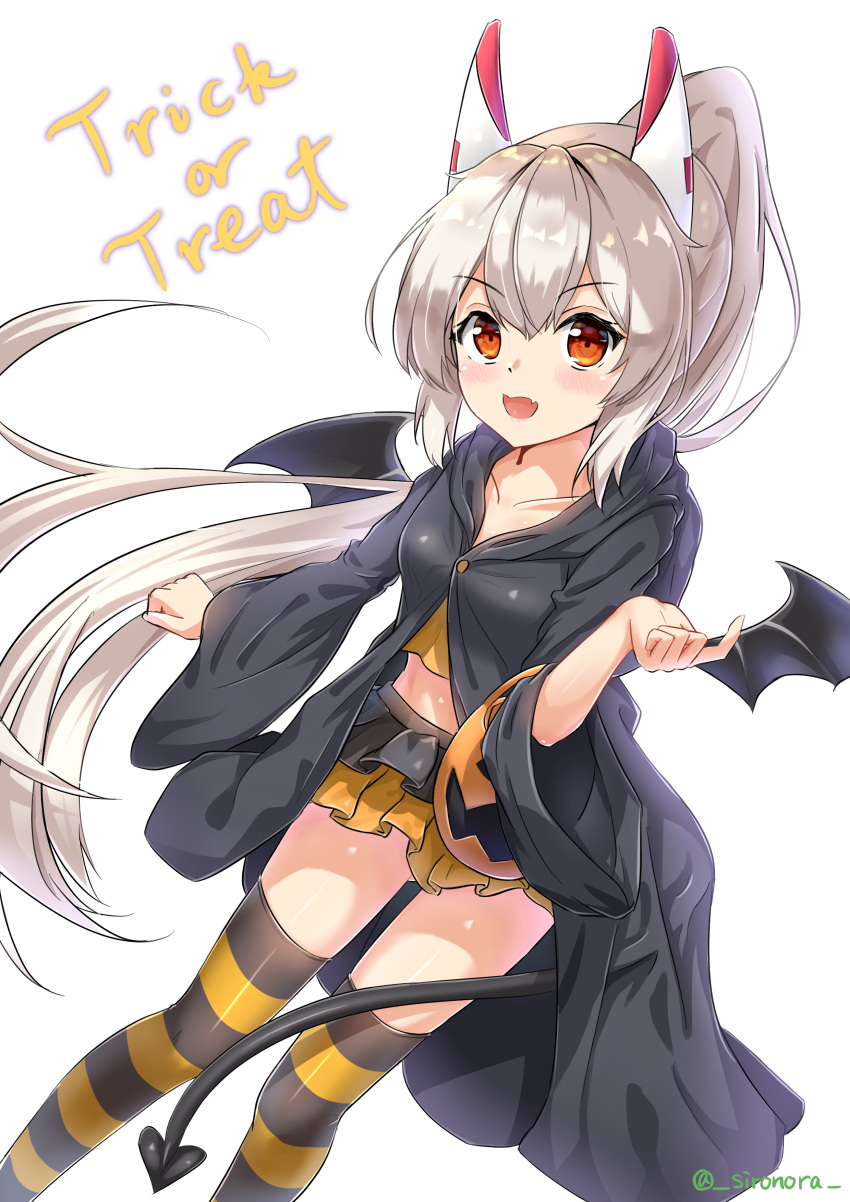 1girl :d absurdres alternate_costume ayanami_(azur_lane) azur_lane bangs bat_wings black_coat coat collarbone commentary_request demon_girl demon_tail demon_wings english_text eyebrows_visible_through_hair fang frilled_skirt frills hair_between_eyes halloween headgear highres hooded_coat jack-o'-lantern long_hair looking_at_viewer open_mouth orange_eyes shironora sidelocks silver_hair simple_background skirt smile solo striped striped_legwear tail thigh-highs trick_or_treat twitter_username white_background wide_sleeves wings zettai_ryouiki