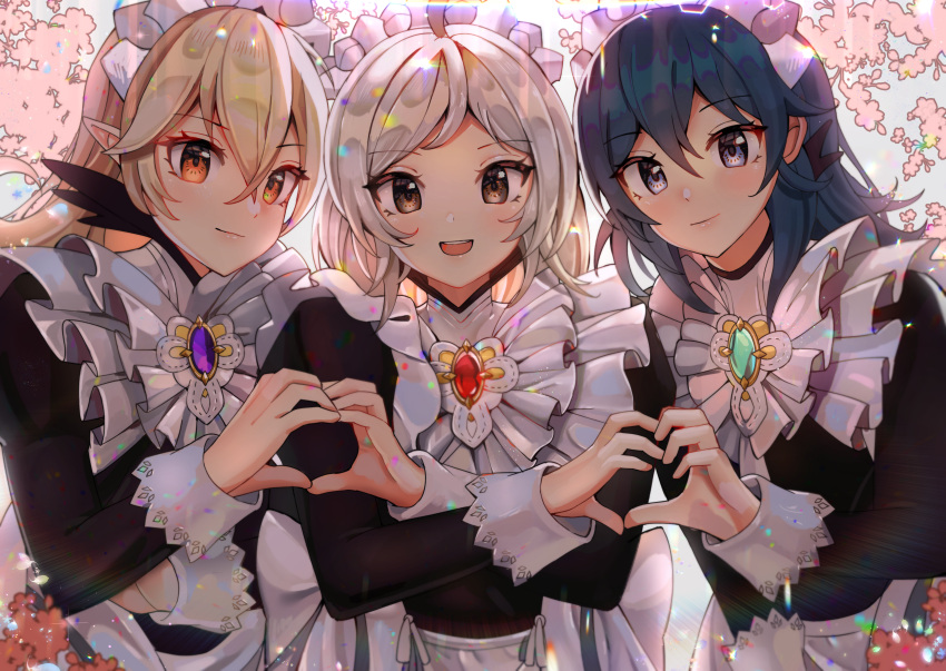 3girls absurdres alternate_costume bangs blue_hair brown_eyes byleth_(fire_emblem) byleth_eisner_(female) cappu commentary corrin_(fire_emblem) corrin_(fire_emblem)_(female) crossed_arms enmaided eyebrows_visible_through_hair fire_emblem fire_emblem:_three_houses fire_emblem_awakening fire_emblem_fates gem hair_between_eyes heart heart_hands heart_hands_duo highres huge_filesize long_hair looking_at_viewer maid maid_headdress medium_hair multiple_girls open_mouth orange_eyes rainbow robin_(fire_emblem) robin_(fire_emblem)_(female) silver_hair smile twintails violet_eyes