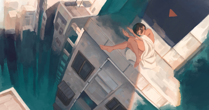1girl aqua_eyes barefoot bed_sheet black_hair building cityscape covering dutch_angle from_above looking_at_viewer lying nude nude_cover on_side original others shade short_hair skyscraper solo wide_shot window