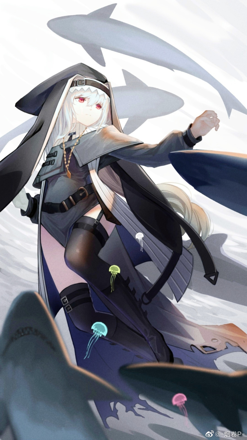 1girl arknights bangs belt_boots black_dress black_footwear black_legwear boots chinese_commentary cigarette_p commentary_request dress garter_straps habit hands_up highres jellyfish jewelry long_hair long_sleeves looking_away necklace nun open_mouth red_eyes shark silver_hair solo specter_(arknights) thigh-highs thigh_strap torn_clothes torn_dress weibo_username