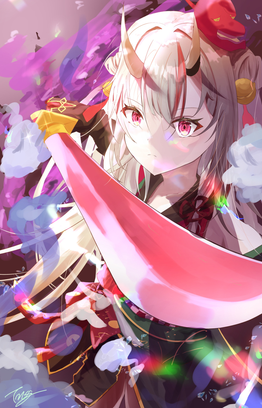 1girl absurdres bangs bell commentary_request double_bun eyebrows_visible_through_hair hair_bell hair_between_eyes hair_ornament highlights highres holding holding_sword holding_weapon hololive horns japanese_clothes katana kimono long_hair looking_at_viewer mask mask_on_head multicolored_hair nakiri_ayame oni_horns oni_mask pose red_eyes redhead sidelocks signature solo sword tonasegaill two-tone_hair virtual_youtuber weapon white_hair